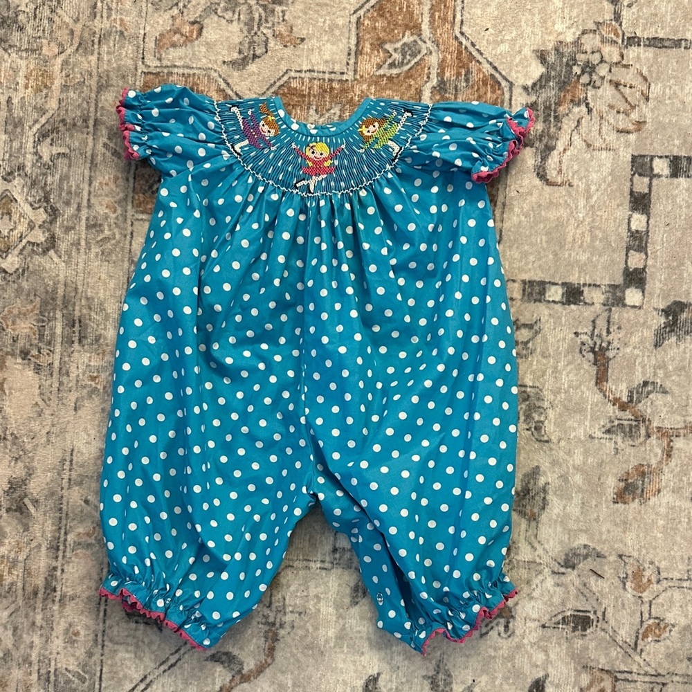 NWOT This & That Blue & White Polka Dot Smocked Bubble Romper Size 3 Months